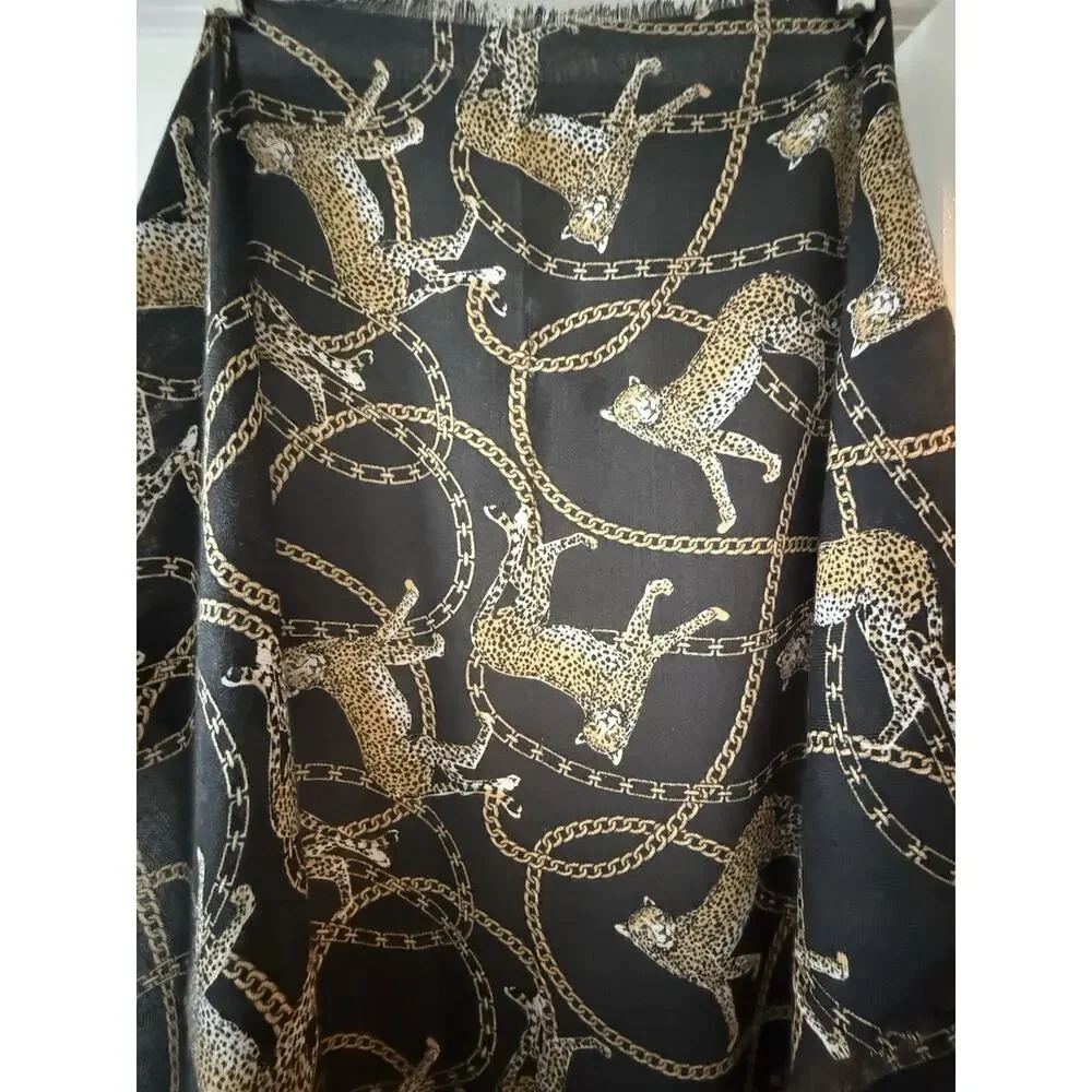Black Leopard Chain Print Scarf 21x72 Animal Print Fringe Lightweight Wrap Shawl